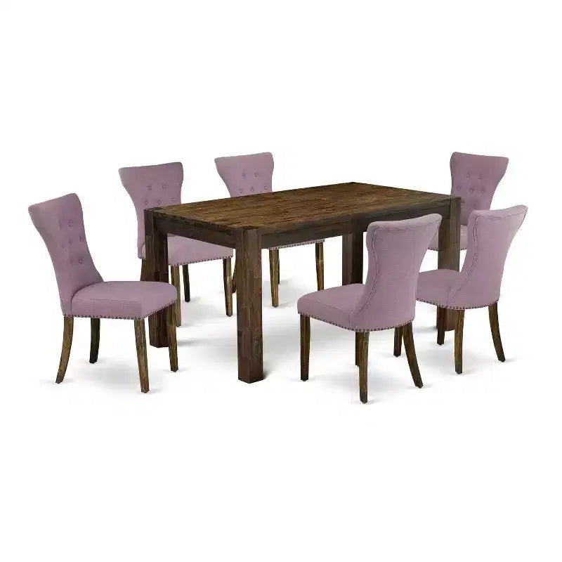 HomeStock 7-Piece Rectangle Distressed Jacobean Finish Solid Wood Top Dining Table with 6 Parson Chairs