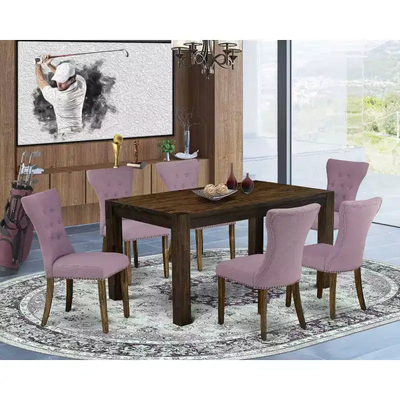 Table de salle à manger HomeStock 7 pièces rectangulaire en bois massif finition jacobéen vieilli avec 6 chaises Parson
