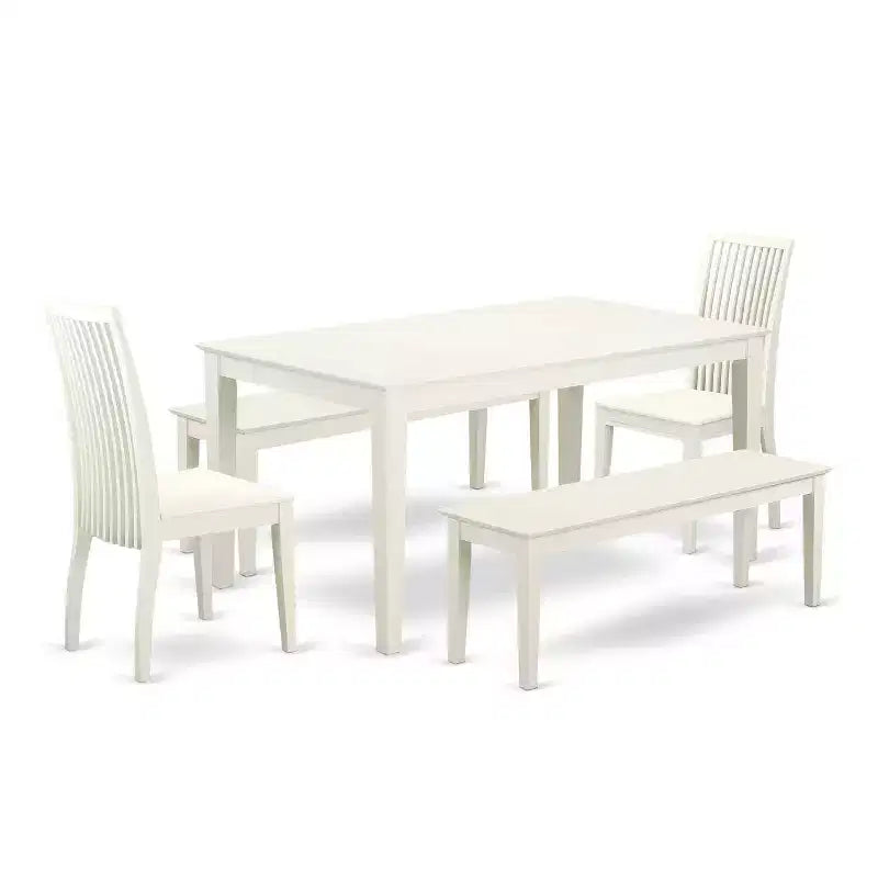 HomeStock 5-Piece Rectangle Linen White Finish Solid Wood Top Dining Table with 2 Benches, 2 Chairs