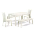 HomeStock 5-Piece Rectangle Linen White Finish Solid Wood Top Dining Table with 2 Benches, 2 Chairs