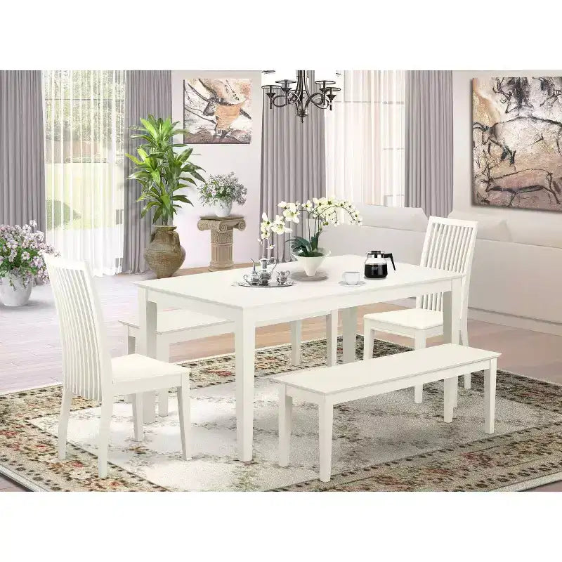 Table à manger HomeStock 5 pièces rectangulaire avec plateau en bois massif finition lin blanc, 2 bancs et 2 chaises