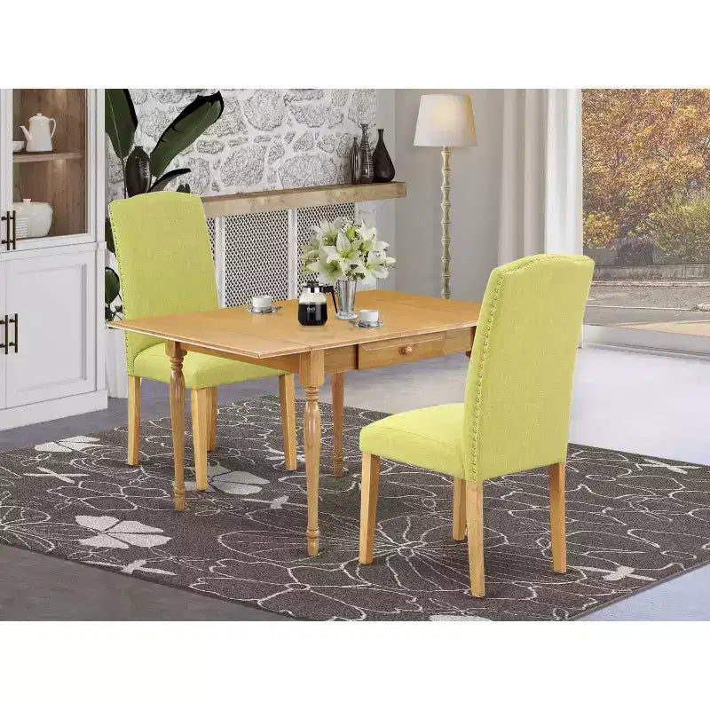 Ensemble Table de Cuisine avec 2 Chaises, Table de Salle à Manger à Abattants, Chaises Parsons en Tissu Lin, Finition Chêne