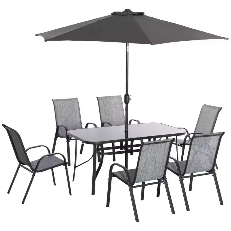 8 Pieces Patio Furniture Set with 9Ft Patio Umbrella, Outdoor Dining Table and Chairs, 6 Chairs, Push Button Tilt and Crank Parasol
