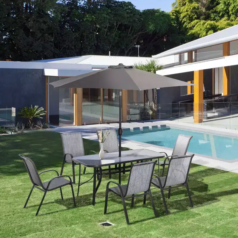 Ensemble de mobilier de jardin 8 pièces avec parasol de 2,7 m, table et chaises de salle à manger d'extérieur, 6 chaises, parasol inclinable à bouton-poussoir et manivelle