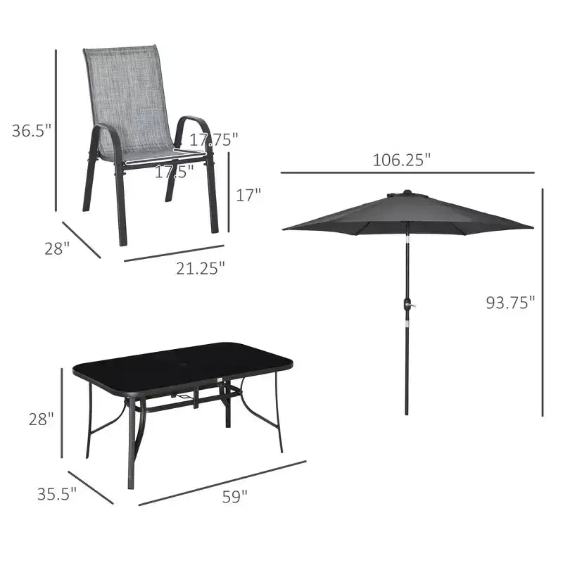 Ensemble de mobilier de jardin 8 pièces avec parasol de 2,7 m, table et chaises de salle à manger d'extérieur, 6 chaises, parasol inclinable à bouton-poussoir et manivelle