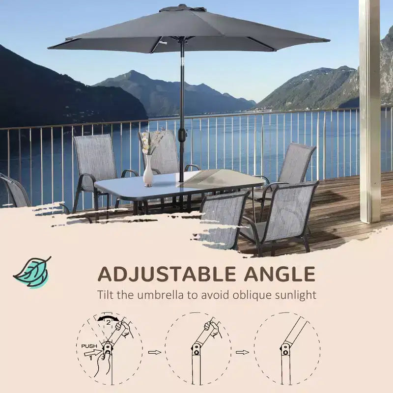 Ensemble de mobilier de jardin 8 pièces avec parasol de 2,7 m, table et chaises de salle à manger d'extérieur, 6 chaises, parasol inclinable à bouton-poussoir et manivelle