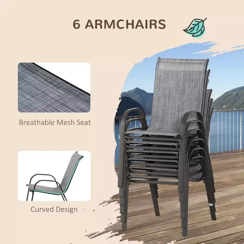 Ensemble de mobilier de jardin 8 pièces avec parasol de 2,7 m, table et chaises de salle à manger d'extérieur, 6 chaises, parasol inclinable à bouton-poussoir et manivelle