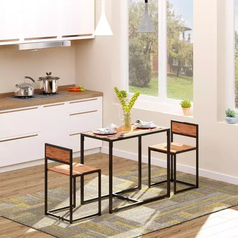 Ensemble de salle à manger carré en bois de 3 pièces avec 1 table et 2 chaises et cadre en métal robuste pour petit espace