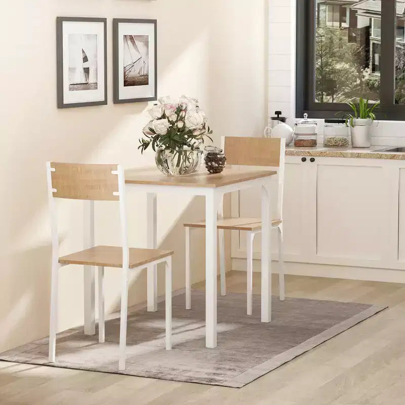 Ensemble de salle à manger carré en bois de 3 pièces avec 1 table et 2 chaises et cadre en métal robuste pour petit espace