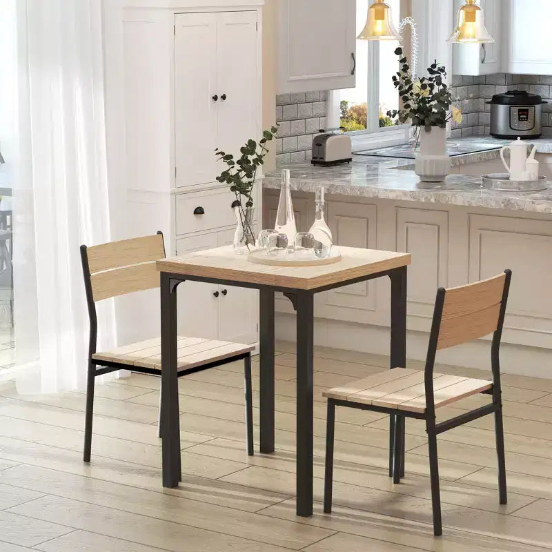 Ensemble de salle à manger carré en bois de 3 pièces avec 1 table et 2 chaises et cadre en métal robuste pour petit espace