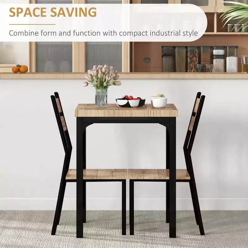 Ensemble de salle à manger carré en bois de 3 pièces avec 1 table et 2 chaises et cadre en métal robuste pour petit espace