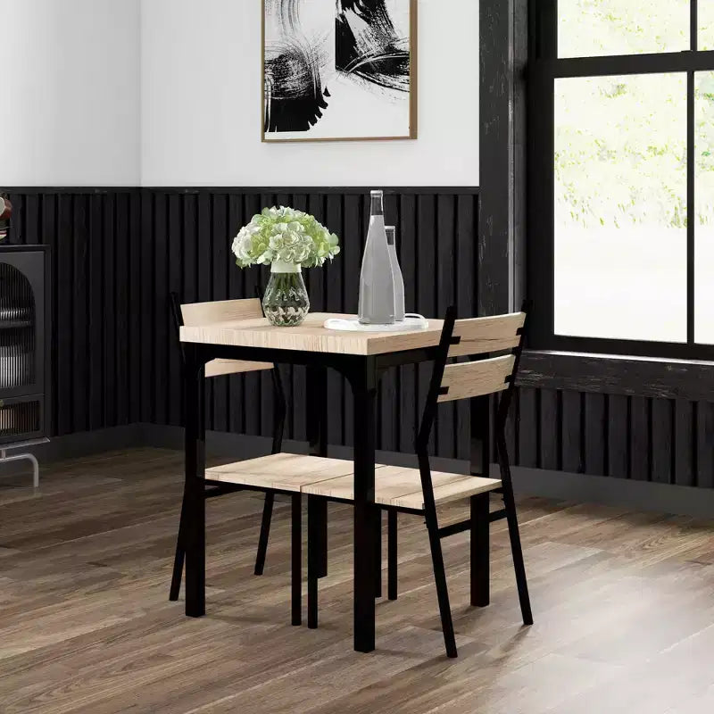Ensemble de salle à manger carré en bois de 3 pièces avec 1 table et 2 chaises et cadre en métal robuste pour petit espace