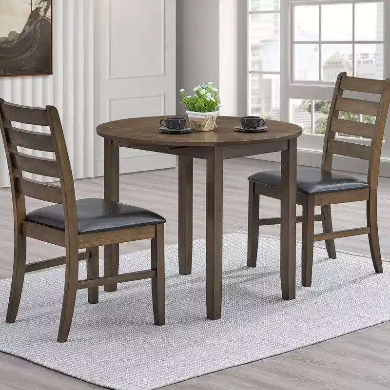 GDFStudio Xelina Rustic Rubberwood 3 Piece Dining Set with Drop Leaf Table and Padded Chairs
