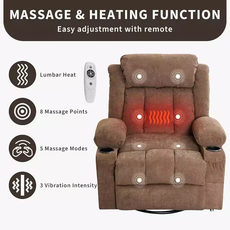 Fauteuil inclinable pivotant, fauteuil à bascule large avec massage chauffant, fauteuil à bascule simple à 3 positions, 2 poches latérales, porte-gobelets, ports USB, télécommande