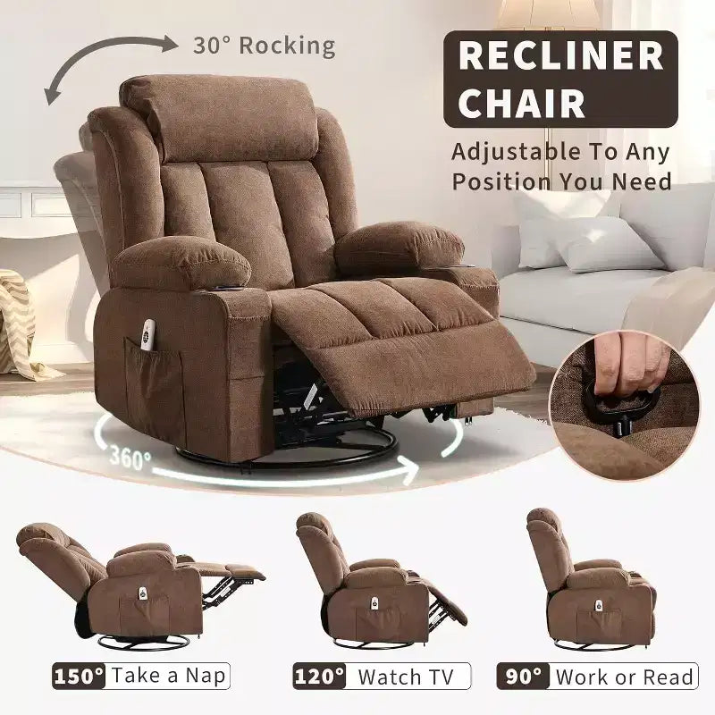 Fauteuil inclinable pivotant, fauteuil à bascule large avec massage chauffant, fauteuil à bascule simple à 3 positions, 2 poches latérales, porte-gobelets, ports USB, télécommande