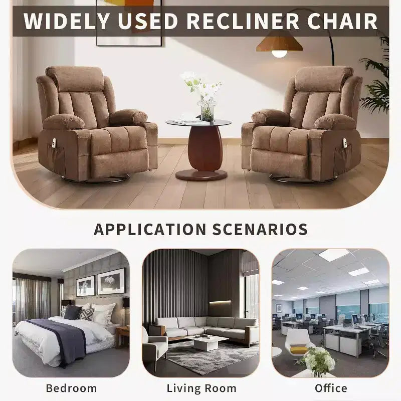 Fauteuil inclinable pivotant, fauteuil à bascule large avec massage chauffant, fauteuil à bascule simple à 3 positions, 2 poches latérales, porte-gobelets, ports USB, télécommande