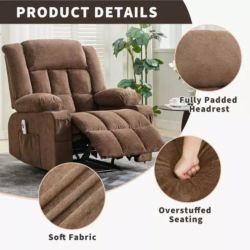 Fauteuil inclinable pivotant, fauteuil à bascule large avec massage chauffant, fauteuil à bascule simple à 3 positions, 2 poches latérales, porte-gobelets, ports USB, télécommande
