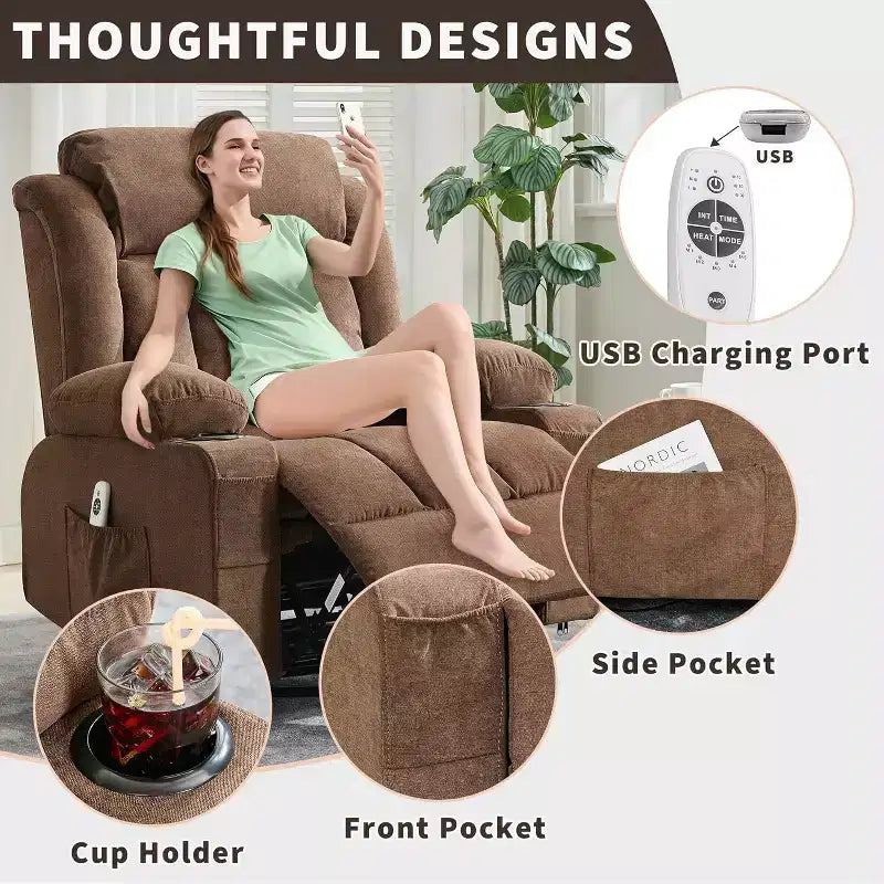 Fauteuil inclinable pivotant, fauteuil à bascule large avec massage chauffant, fauteuil à bascule simple à 3 positions, 2 poches latérales, porte-gobelets, ports USB, télécommande