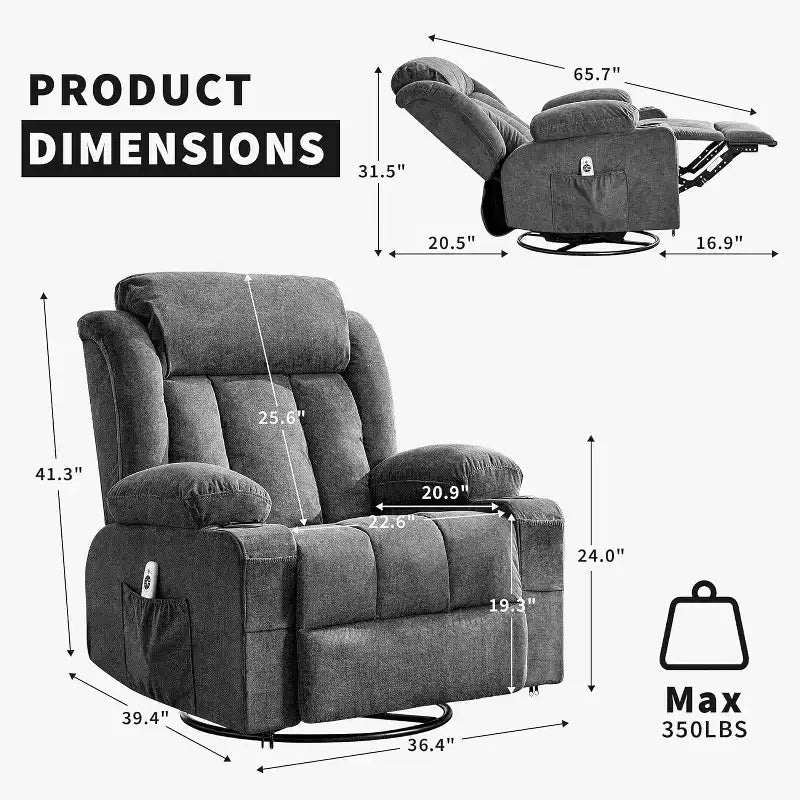 Fauteuil inclinable pivotant, fauteuil à bascule large avec massage chauffant, fauteuil à bascule simple à 3 positions, 2 poches latérales, porte-gobelets, ports USB, télécommande