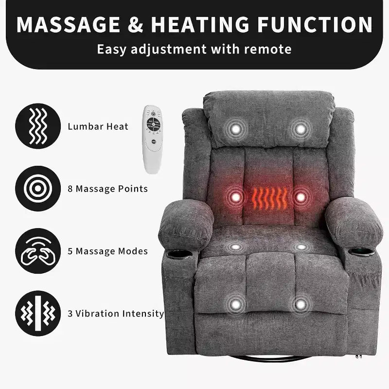Fauteuil inclinable pivotant, fauteuil à bascule large avec massage chauffant, fauteuil à bascule simple à 3 positions, 2 poches latérales, porte-gobelets, ports USB, télécommande