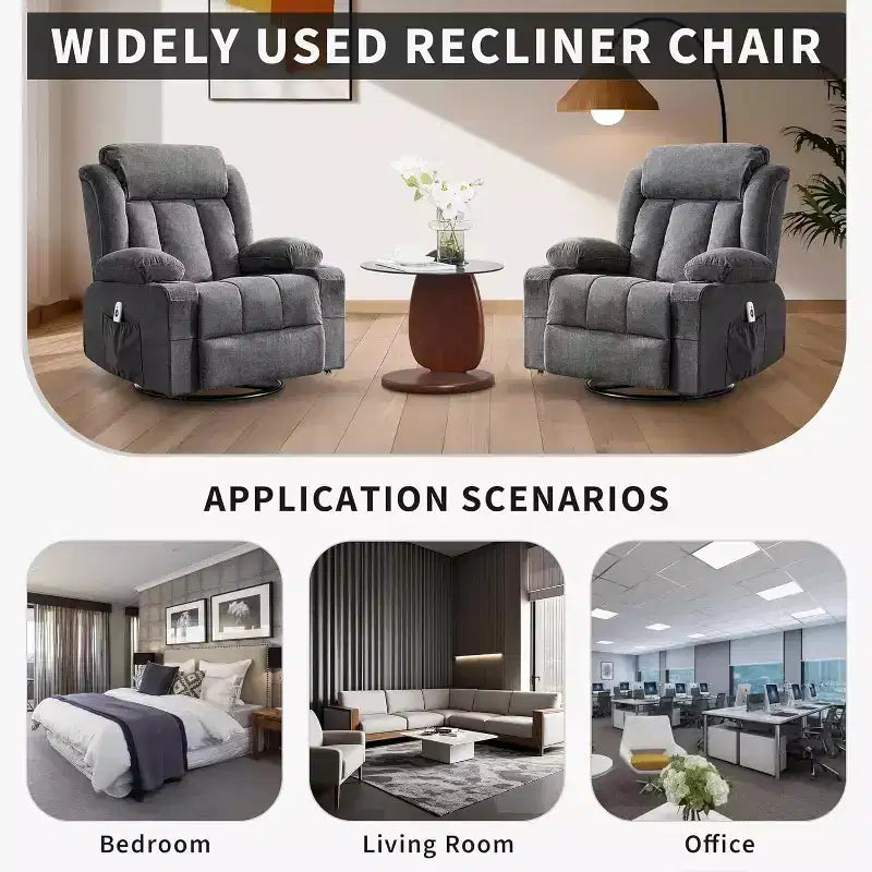 Fauteuil inclinable pivotant, fauteuil à bascule large avec massage chauffant, fauteuil à bascule simple à 3 positions, 2 poches latérales, porte-gobelets, ports USB, télécommande