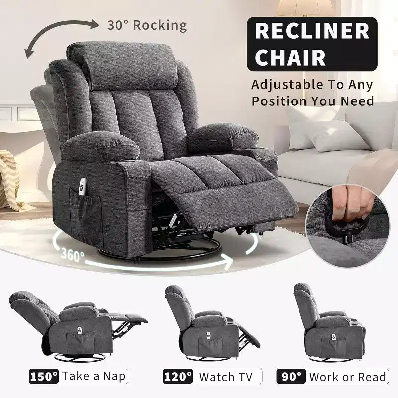 Fauteuil inclinable pivotant, fauteuil à bascule large avec massage chauffant, fauteuil à bascule simple à 3 positions, 2 poches latérales, porte-gobelets, ports USB, télécommande