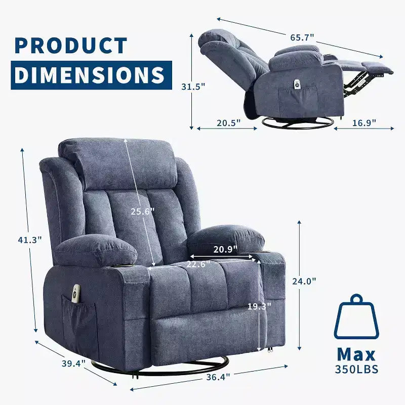 Fauteuil inclinable pivotant, fauteuil à bascule large avec massage chauffant, fauteuil à bascule simple à 3 positions, 2 poches latérales, porte-gobelets, ports USB, télécommande