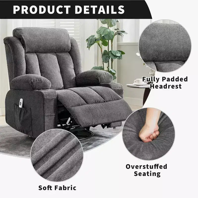 Fauteuil inclinable pivotant, fauteuil à bascule large avec massage chauffant, fauteuil à bascule simple à 3 positions, 2 poches latérales, porte-gobelets, ports USB, télécommande