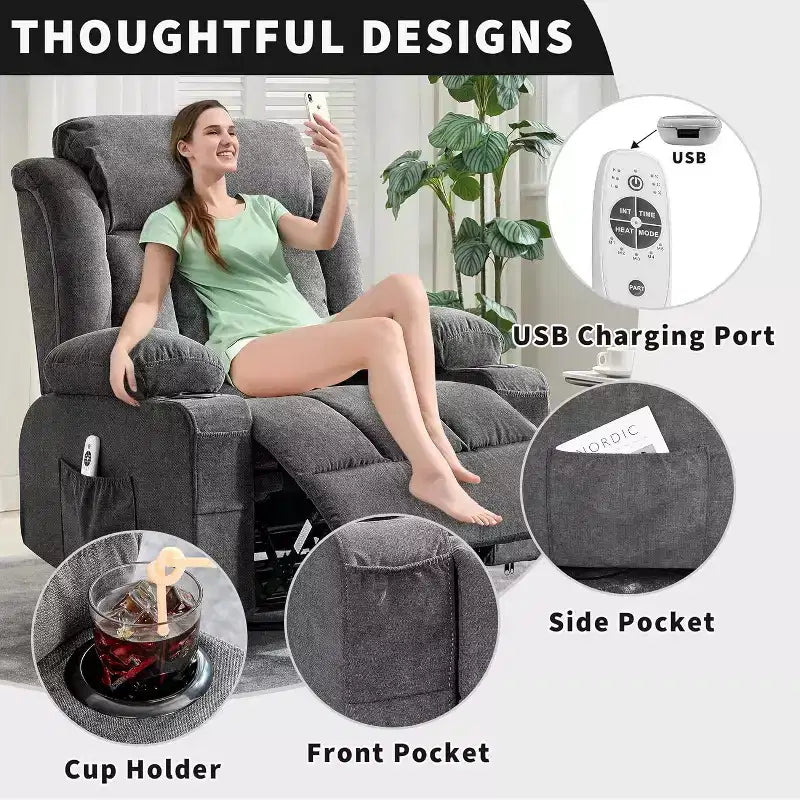 Fauteuil inclinable pivotant, fauteuil à bascule large avec massage chauffant, fauteuil à bascule simple à 3 positions, 2 poches latérales, porte-gobelets, ports USB, télécommande