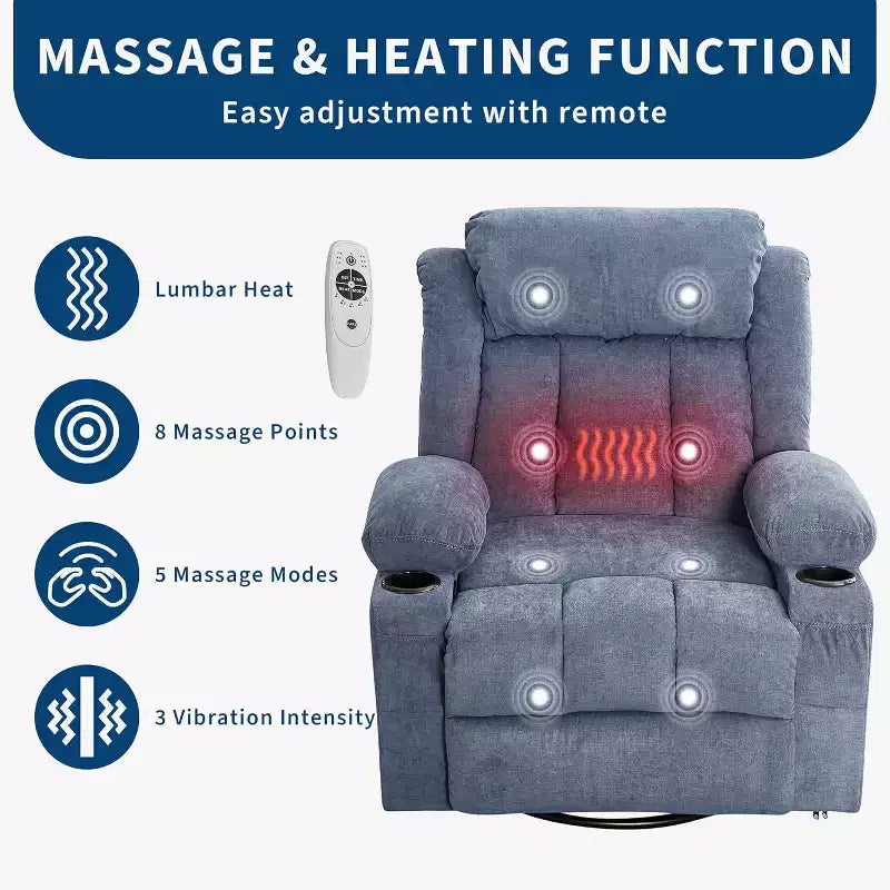 Fauteuil inclinable pivotant, fauteuil à bascule large avec massage chauffant, fauteuil à bascule simple à 3 positions, 2 poches latérales, porte-gobelets, ports USB, télécommande
