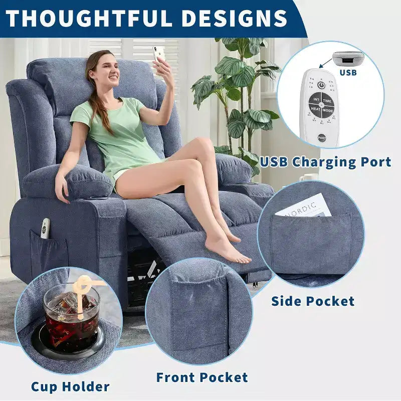 Fauteuil inclinable pivotant, fauteuil à bascule large avec massage chauffant, fauteuil à bascule simple à 3 positions, 2 poches latérales, porte-gobelets, ports USB, télécommande