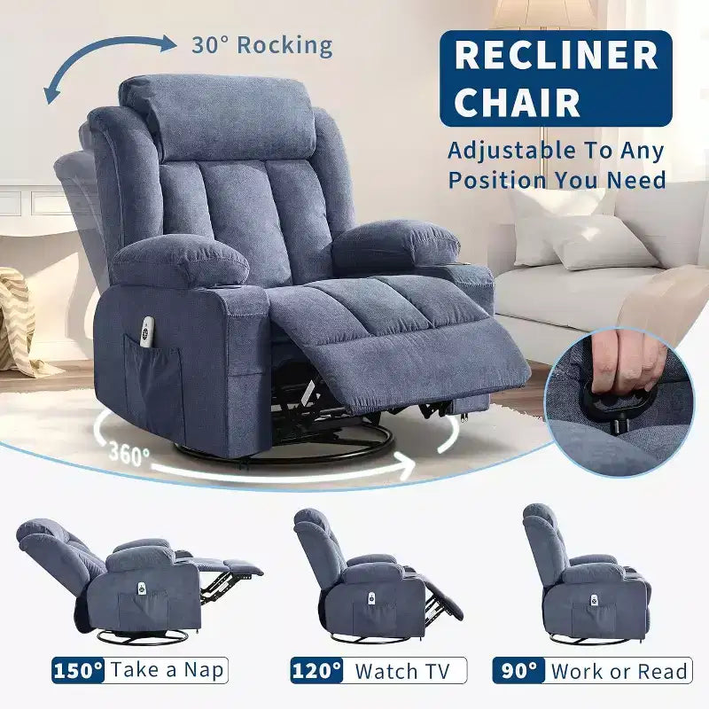 Fauteuil inclinable pivotant, fauteuil à bascule large avec massage chauffant, fauteuil à bascule simple à 3 positions, 2 poches latérales, porte-gobelets, ports USB, télécommande