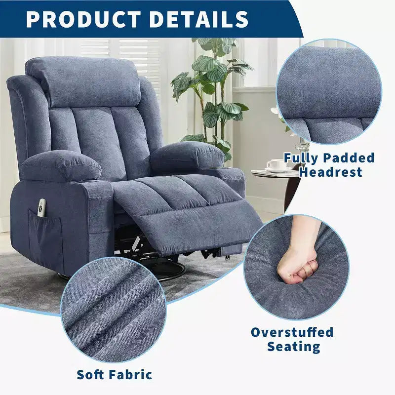 Fauteuil inclinable pivotant, fauteuil à bascule large avec massage chauffant, fauteuil à bascule simple à 3 positions, 2 poches latérales, porte-gobelets, ports USB, télécommande