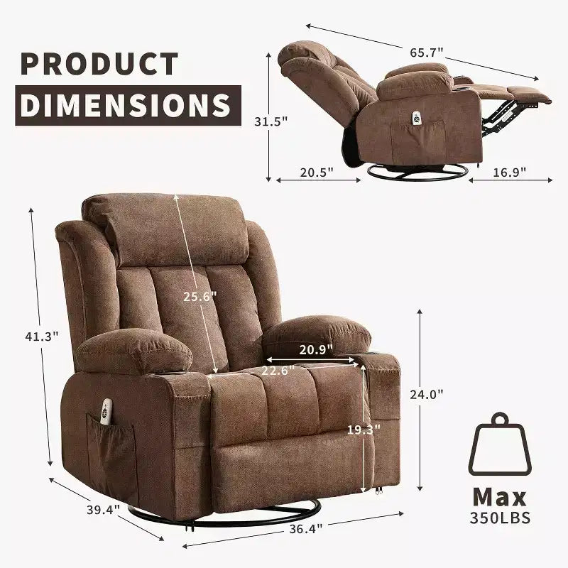 Fauteuil inclinable pivotant, fauteuil à bascule large avec massage chauffant, fauteuil à bascule simple à 3 positions, 2 poches latérales, porte-gobelets, ports USB, télécommande