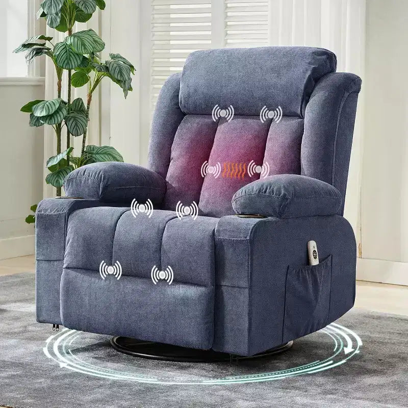 Swivel Recliner Chair,Wide Rocker Chair with Heat Massage,Single Rocking Chair with 3 Positions,2 Side Pockets,Cup Holders,USB Ports,Remote Control