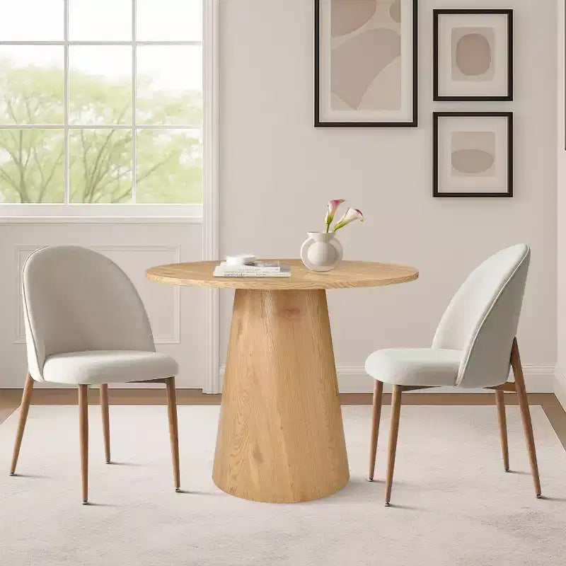 Modern Oak Veneer Bistro Table Set, 35 Round Pedestal Table and 2 Curved Back Dining Chairs for Apartment Dining Spaces-Panipeachy