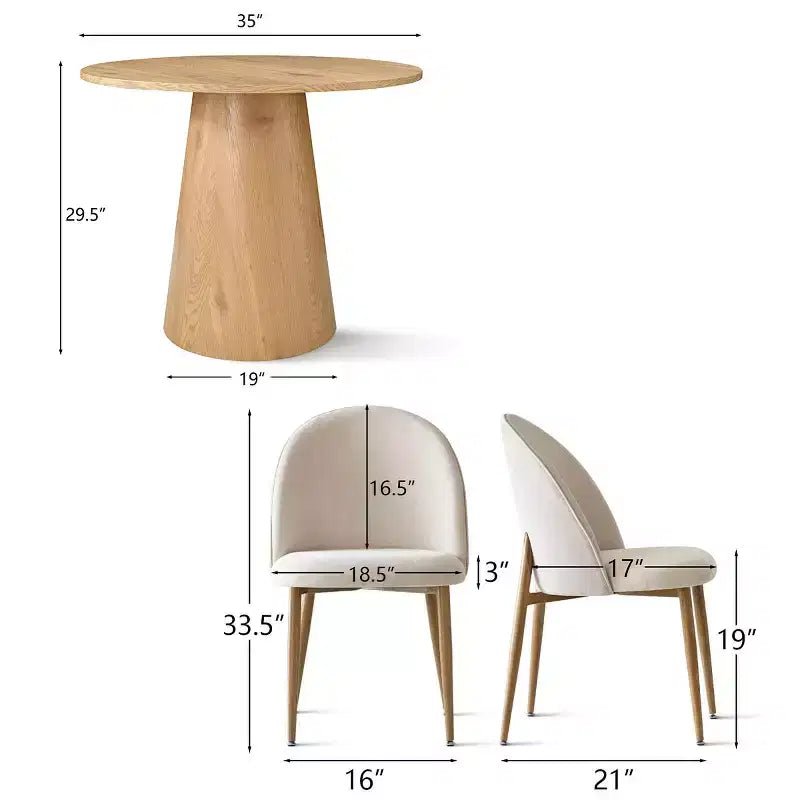 Ensemble de table de bistrot moderne en placage de chêne, table piédestal ronde 35 et 2 chaises de salle à manger à dossier incurvé pour les espaces de salle à manger d'appartement-Panipeachy