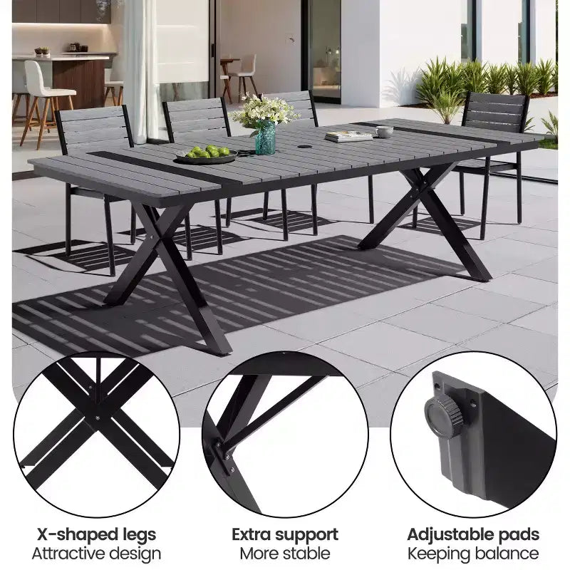 Crestlive Products - Salon de Jardin/Patio d'extérieur avec Pieds en X Stables, Fauteuils, Plateau de Table Imitation Bois, Cadre en Aluminium et Trou pour Parasol