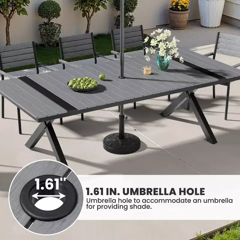 Crestlive Products - Salon de Jardin/Patio d'extérieur avec Pieds en X Stables, Fauteuils, Plateau de Table Imitation Bois, Cadre en Aluminium et Trou pour Parasol