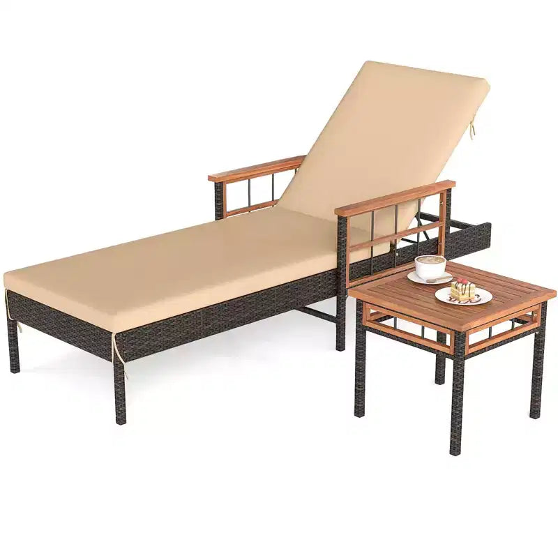 Gymax 2 PCS Outdoor Chaise Lounge Chair w/ Side Table Outdoor Reclining Chair Set Beige