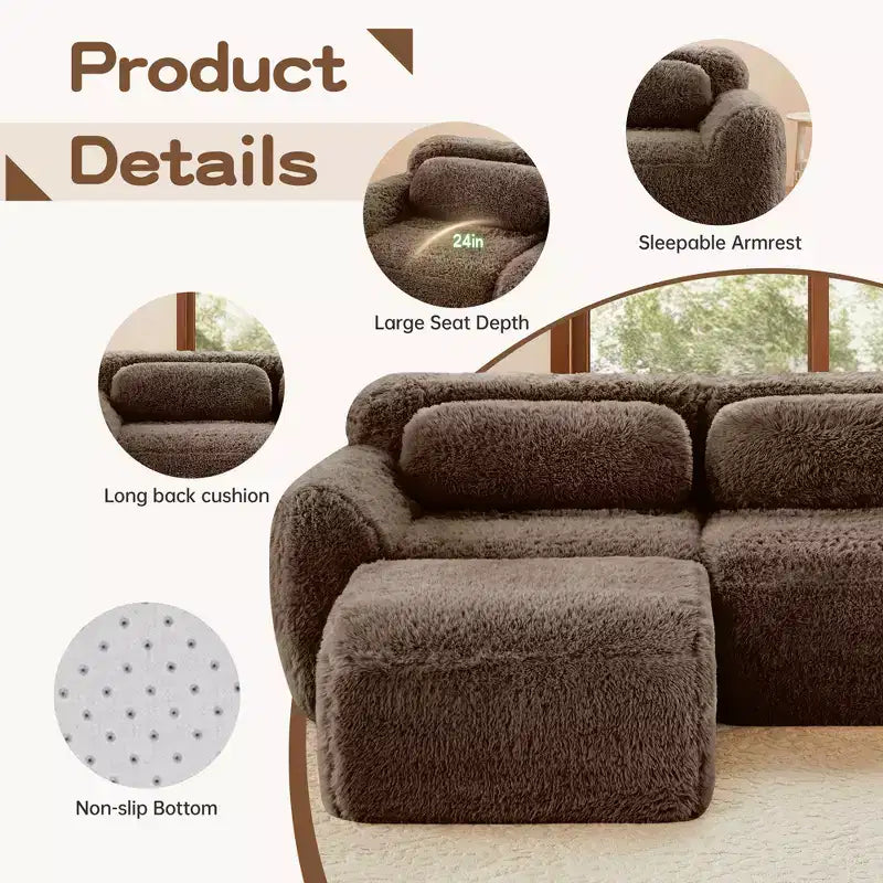 Canapé en peluche douce désossé de 149 pouces, éponge HD 32D, conception ergonomique, emballage sous vide, combinaison libre, connexion par boucle pour chambre/bureau/home cinéma