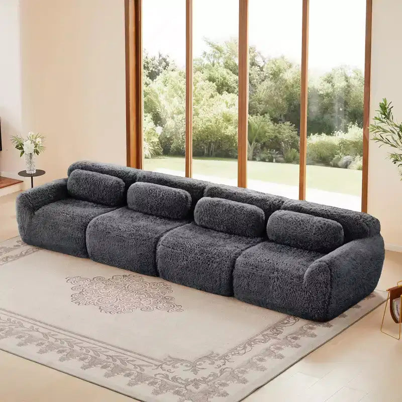 Canapé en peluche douce désossé de 149 pouces, éponge HD 32D, conception ergonomique, emballage sous vide, combinaison libre, connexion par boucle pour chambre/bureau/home cinéma