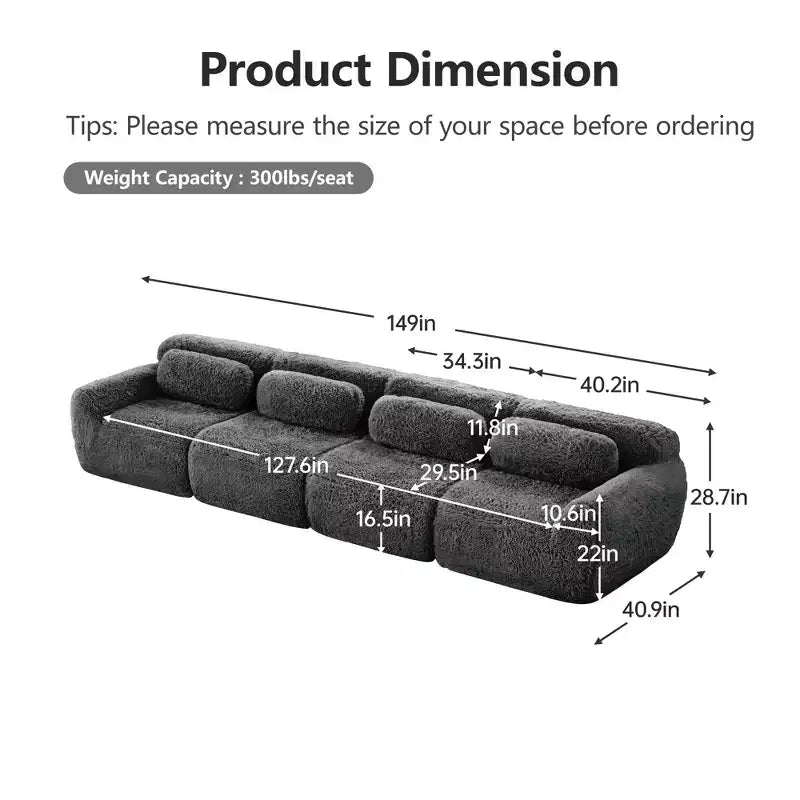Canapé en peluche douce désossé de 149 pouces, éponge HD 32D, conception ergonomique, emballage sous vide, combinaison libre, connexion par boucle pour chambre/bureau/home cinéma