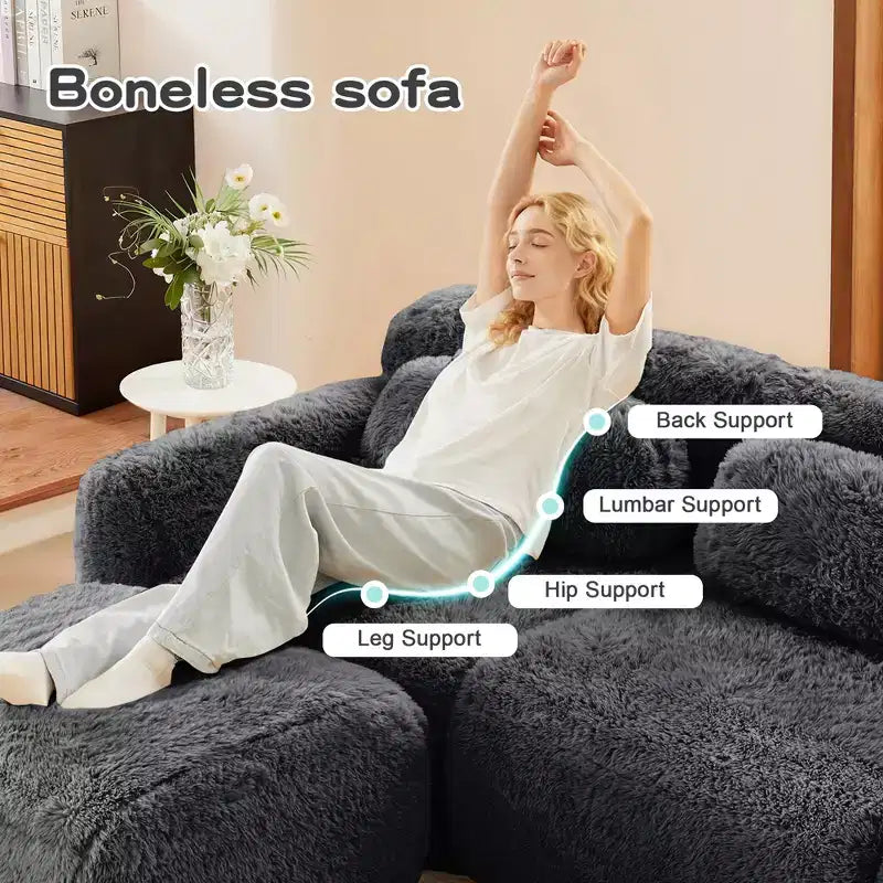 Canapé en peluche douce désossé de 149 pouces, éponge HD 32D, conception ergonomique, emballage sous vide, combinaison libre, connexion par boucle pour chambre/bureau/home cinéma