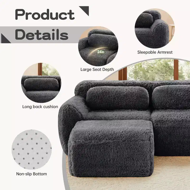 Canapé en peluche douce désossé de 149 pouces, éponge HD 32D, conception ergonomique, emballage sous vide, combinaison libre, connexion par boucle pour chambre/bureau/home cinéma