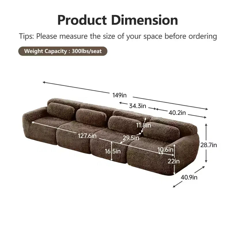 Canapé en peluche douce désossé de 149 pouces, éponge HD 32D, conception ergonomique, emballage sous vide, combinaison libre, connexion par boucle pour chambre/bureau/home cinéma