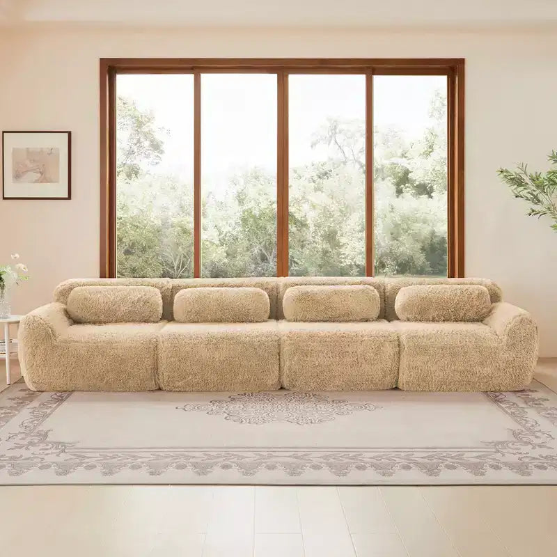 Canapé en peluche douce désossé de 149 pouces, éponge HD 32D, conception ergonomique, emballage sous vide, combinaison libre, connexion par boucle pour chambre/bureau/home cinéma