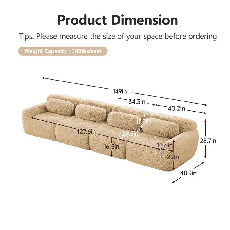 Canapé en peluche douce désossé de 149 pouces, éponge HD 32D, conception ergonomique, emballage sous vide, combinaison libre, connexion par boucle pour chambre/bureau/home cinéma