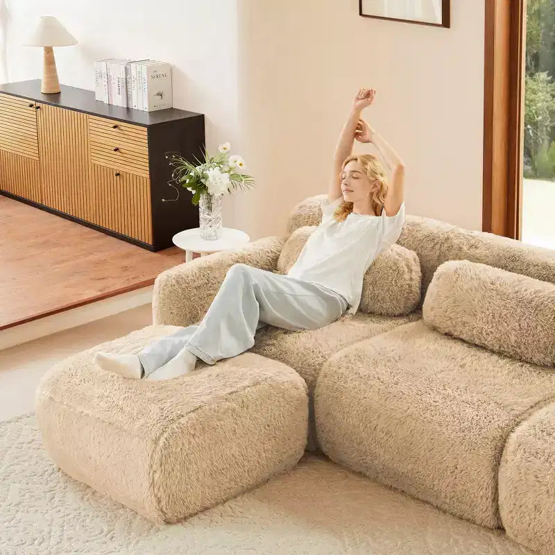 Canapé en peluche douce désossé de 149 pouces, éponge HD 32D, conception ergonomique, emballage sous vide, combinaison libre, connexion par boucle pour chambre/bureau/home cinéma