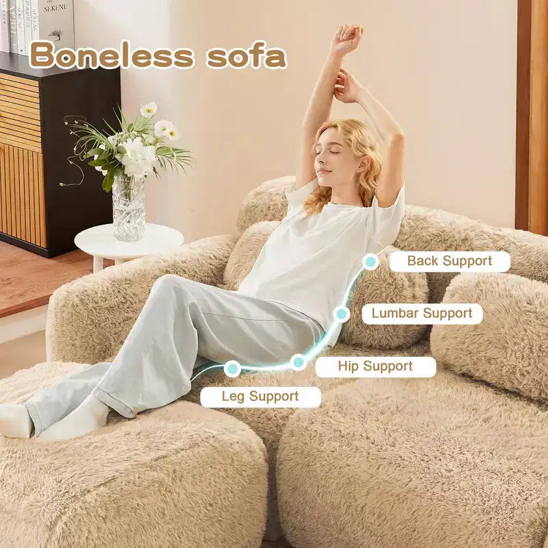 Canapé en peluche douce désossé de 149 pouces, éponge HD 32D, conception ergonomique, emballage sous vide, combinaison libre, connexion par boucle pour chambre/bureau/home cinéma